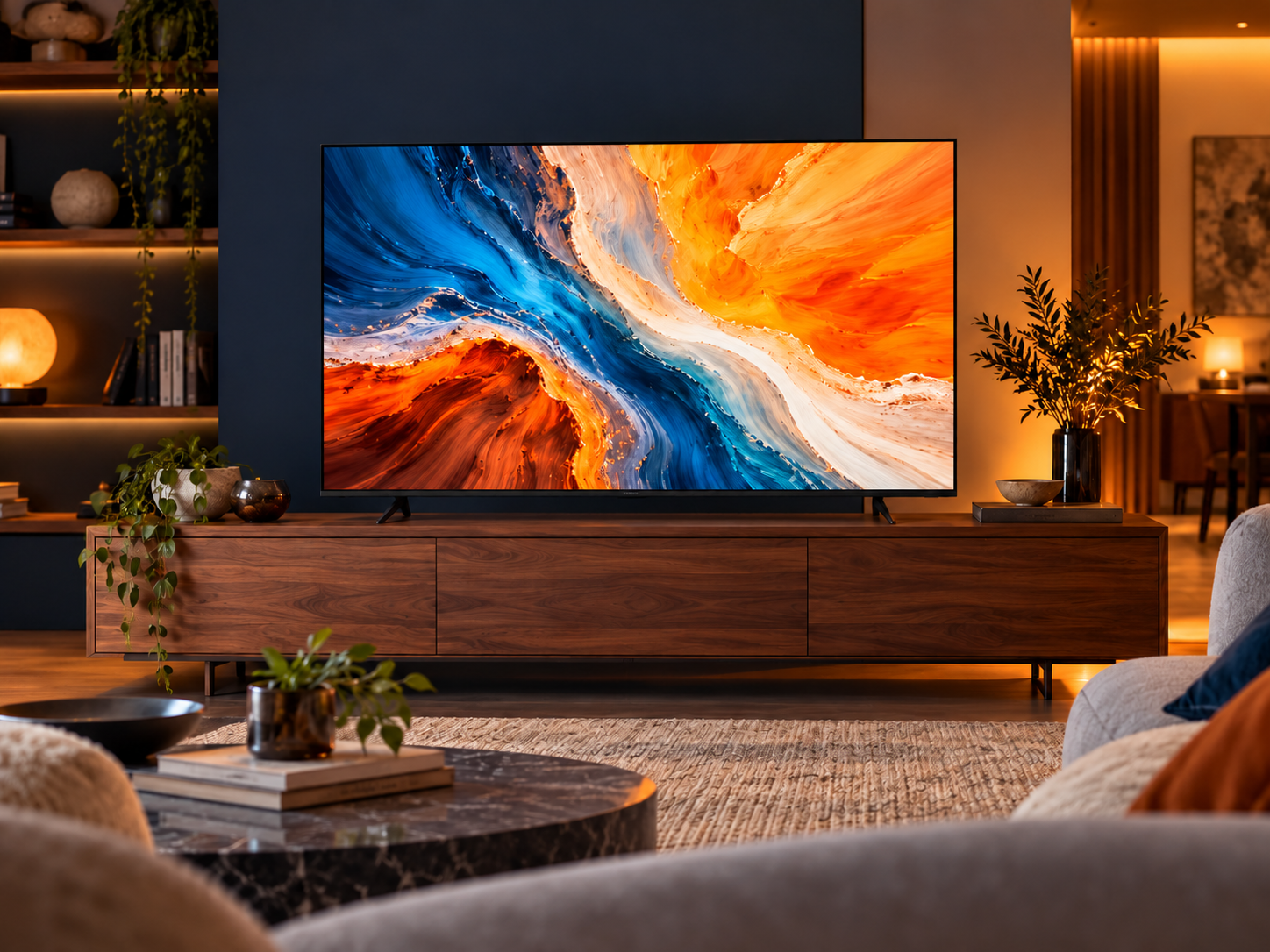 Smart television shown in a warmly lit living room