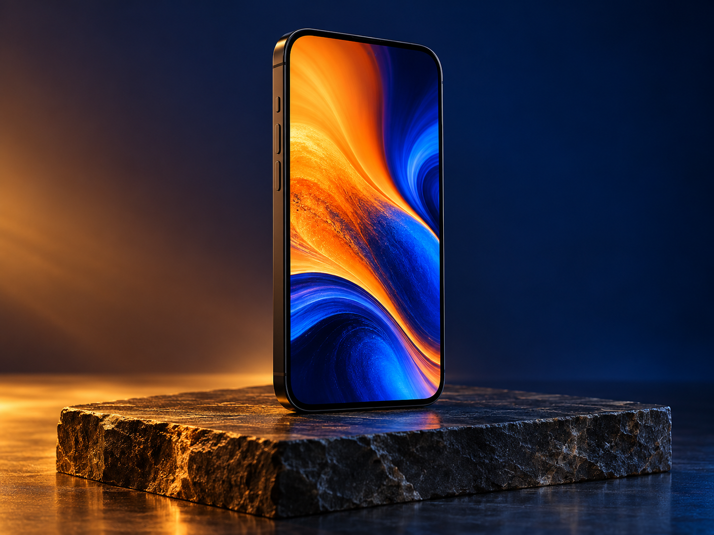 Black smartphone with a bright orange and blue screen