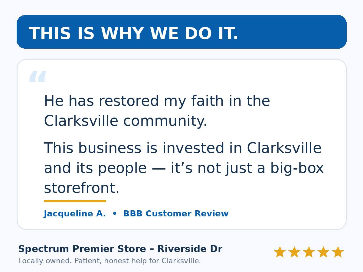 BBB testimonial from Jacqueline A. saying the store restored her faith in the Clarksville community